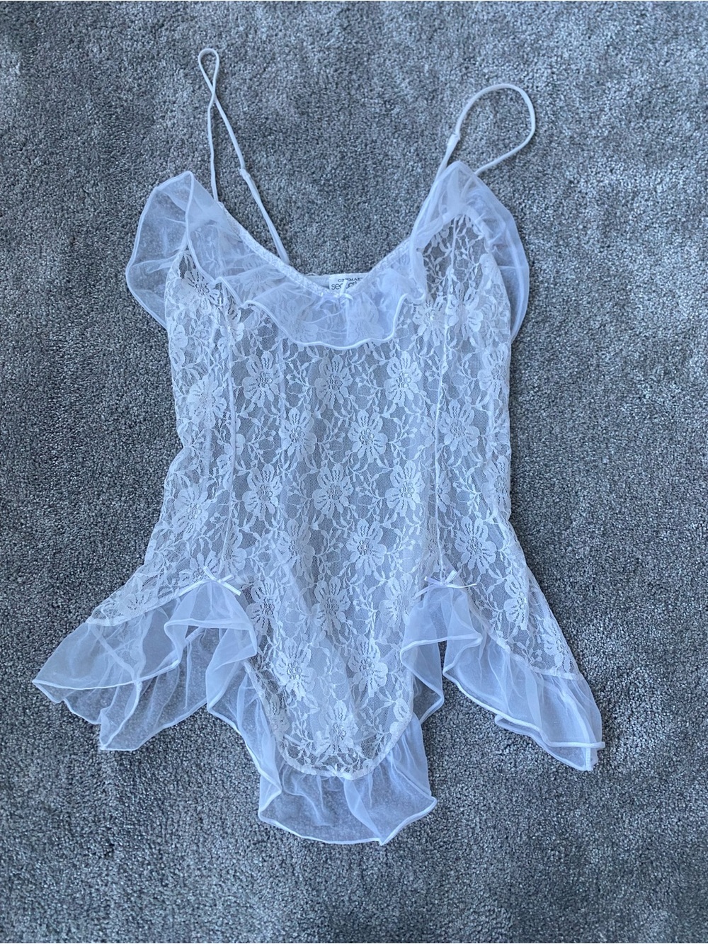 Sheer Floral Lace Ruffle Chemise in White
